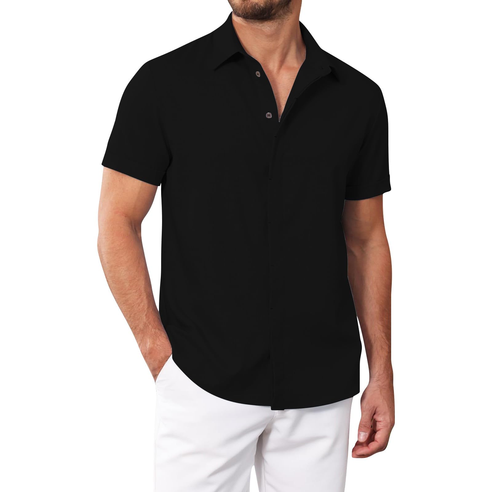 Generic Camisa de algodón de cáñamo de manga corta para hombre, camisas de vestir de verano, camisa lisa, camisa ligera formal de negocios, camisas hawaianas con botones, camisas de playa frescas, camisetas