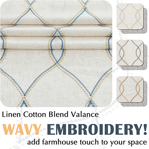Jinchan Linen Valance Curtain 18 Inch Length Blackout Kitchen Valance For Windows Embroidered Valance For Living Room Double Layer Farmhouse Rustic Gold Wavy Valance Rod Pocket 1 Panel Blue On Beige #TOP2
