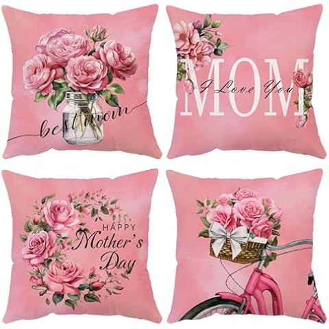 Neatee Living Mothers Day Pillow Covers 18x18 Set of 4 Velvet Mom Throw Pillow Covers Pink Rose Flower Floral Cushion Covers Pillow Case Gift for Mother Mom Birthday Home Outdoor Sofa Decoration (18) Cover