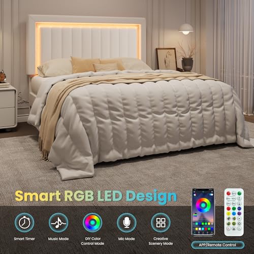 SHA CERLIN Full Size Velvet Bed Frame with LED Light, White - Image 4