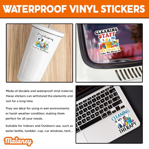 Image of MAIANEY (3x3 in) Funny Housekeeping Stickers Pack 10 Waterproof Cleaning Staff Decals for Laptop, Water Bottle, Journals - Gifts for Janitors, Maids, Housekeepers, Custodians