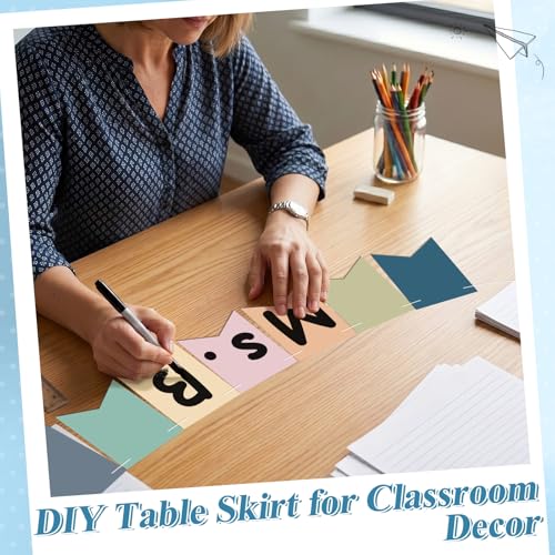 Image of 9FT Composition Notebook Table Skirt Set with 18PCS Boho Paper Pennants Black and White Teacher Desk Skirt for Classroom Decor Back to School Party Supplies Rectangle Cabinet Curtain for Office Dorm