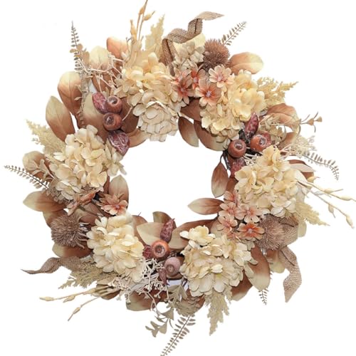 BINFEN 18–20 Inch Lush Fall Wreath for Front Door, Boho Brown Outdoor Wreath with Faux Dried Hydrangea Pampas & Flowers, Farmhouse Fall Winter Thanksgiving Harvest Porch Décor