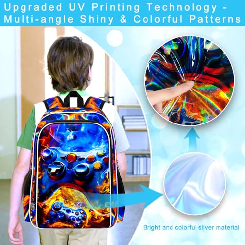Image of 17 inch Gamer Backpack for Boy, 3Pcs Fire Bookbag for Elementary Preschool Kindergarten, Kids School Backpacks with Lunch Box (Red)