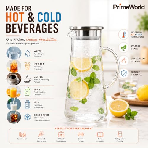 Image of PrimeWorld 1 pc 1.5 Litre Borosilicate Glass jug with Lid Stainless Stell Air Tight Water Pitchers with Handle for Fridge,Carafe for Hot /Cold Drink,Iced Tea, Coffee,Juice,Milk,Beverage