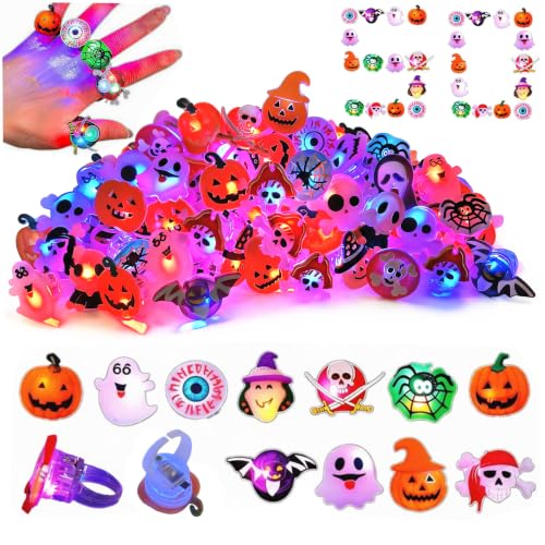 Qvatoxis Halloween Party Favors Light Up Rings 50PCS LED Rings Glowing Finger Rings Fun Toys for Kids Adults