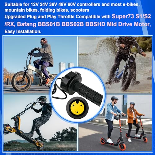 Image of Full Twist Throttle for Super73, Ebike Throttle 3Pin Grip Kit, 12V-72V Plug and Play for Bafang Mid Drive Kit, 7 /8 inch 22mm Handlebar Electric Bike