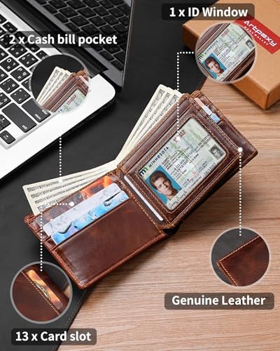 Image of Artpaxy Mens Wallet Bifold Genuine Leather RFID Blocking Wallet for Men with 1 ID Window 13 Card Holders 2 cash pockets 1 Gift Box