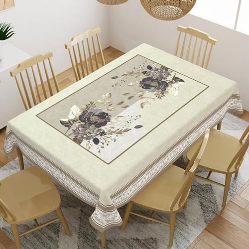 Image of Cloth Fusion Velvet Floral Dining Table Cover Cloth 6 Seater with Stunning Gold Foil Design for Home Decor (60x90 Inch, Beige)