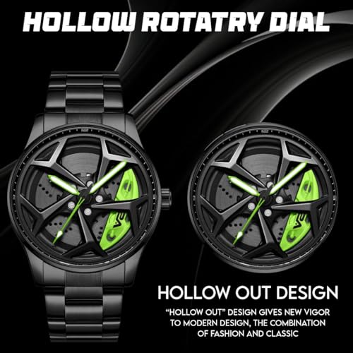 Image of V2A Men's Analog Watch with Spinning Wheel Dial - Black and Green| Stylish Stainless Steel Band | Water & Scratch Resistant - Model 2310