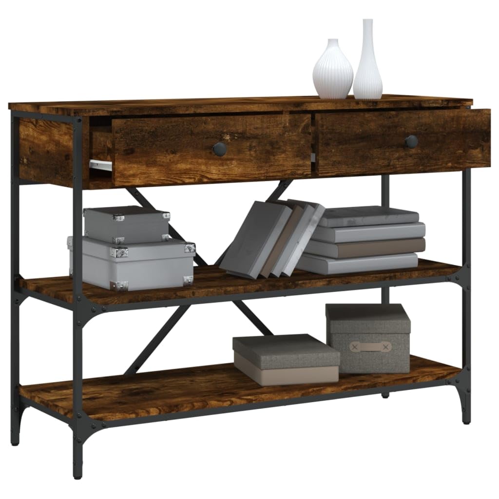 Mesa consola clásica de madera con estructura de acero, 2 cajones y estantes para almacenamiento, mesa auxiliar para salón y pasillo
