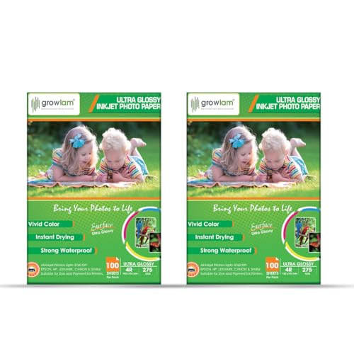Image of Growlam Ultra Glossy Photo Paper 275 GSM 4R Size, 100 Sheets (Pack of 2) | Resin Coated Surface, Waterproof Technology, Tropical Climate Durability, Realistic Color Reproduction, Stunning Visual Depth