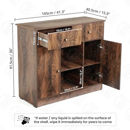 Image of ABOUT SPACE 3ft Kitchen Storage Cabinet with 2 Drawers, Open Center Shelf, 2 Closed Cabinet with Adjustable Shelves Modern Kitchen Rack Cupboard for Dining Room, Living Room, Entryway - Walnut