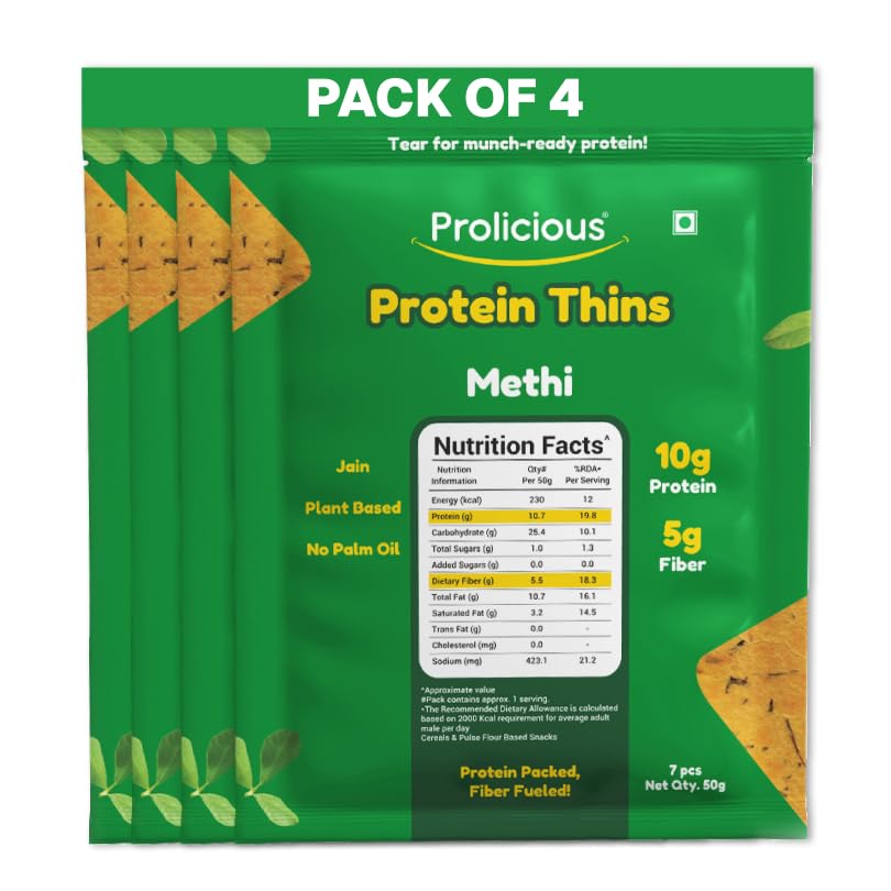 Image of Prolicious Thins Methi High Protein Chips | Upgrade Your Snacking | 10g Protein + 5g Fibre | Same Crunch, Snack Smarter | Plant Based, Jain | No Palm Oil | 50g, Pack of 4