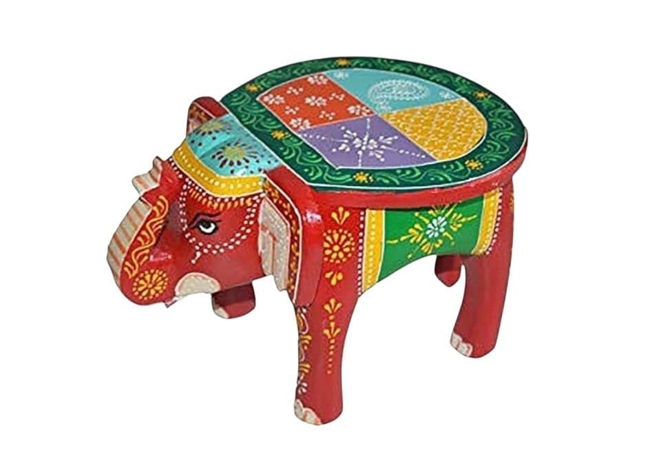 Handcrafted Wooden Elephant Stool Red 8 Inch Hand Painted Chowki-picture-16