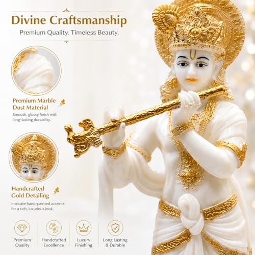 Image of ARMONIA Lord Krishna Idol Marble Dust Statue Murti |Krishana Sculpture for Home Decor,Pooja ghar,Mandir & Gifting Item |Best Gift for Wedding & Housewarming(14.9inch,White) (Include Microfiber Cloth)