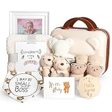 Baby Gift Set, Baby Shower Gifts for Girls Boys, Bear New Baby Gift Basket Include Newborn Rattle Blanket Wooden Keepsake Milestone Cute Bibs Socks Greeting Card, Baby Gift Essentials Stuff