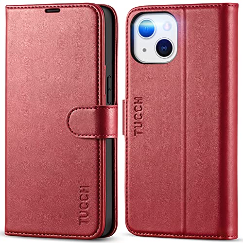 Image of TUCCH Case Wallet for iPhone 13 6.1 inch, Stand [RFID Blocking] [3 Card Holder] [TPU Shockproof Inner Shell], PU Leather Magnetic Protective Cover Compatible with iPhone 13 6.1 inch 2021, Dark Red