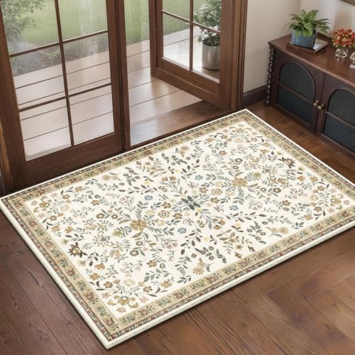 XSIVOD Floral Entryway Rug Indoor Door Mat, Small Washable Area Rugs for Kitchen Bathroom, Low Pile Vintage Rug, Non-Slip Bedroom Carpet for Front Door Entrance Welcome Mat, 60x90 cm, Beige/Harmony