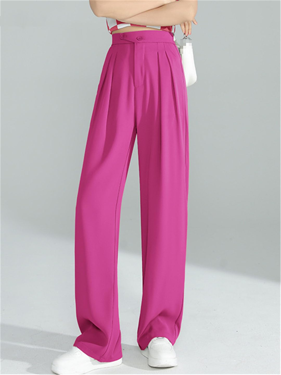 Ownwfeat Pantaloni A Gamba Larga A Vita Alta da Donna Pantaloni Larghi Dritti con Bottoni