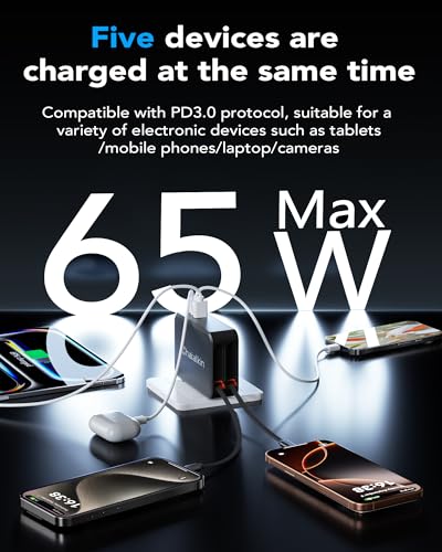 Image of 65W for MacBook Pro Charger,5-in-1 Retractable Wall Charger Plug for iPhone | Retractable Wall Charger for iPhone,Dual 3.94 ft PD USB C Cable&3 Ports,Fast Charging Block for Mac Book,iPad,Galaxy,Pixel