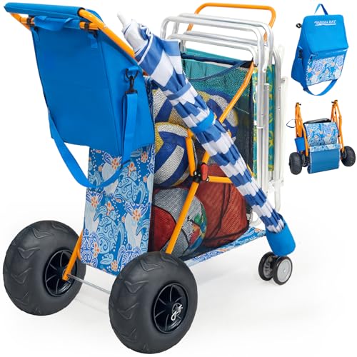 Old Bahama Bay Heavy Duty Beach Cart with 9 Balloon Wheels All-Terrain Sand Wagon Replacement Inflatable Big Wheels for Soft Sand Foldable Beach Gear Carrier with Cooler & Umbrella Holder 100lbs