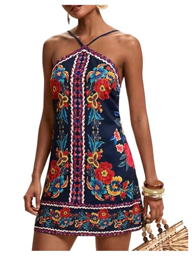 MakeMeChic Women's Hawaiian Dresses Halter Tropical Beach Luau Outfits
