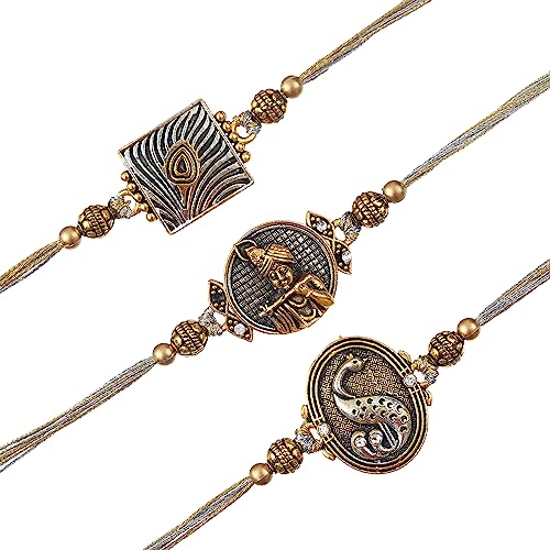 Image of eCraftIndia Set of 3 Peacock Designer Rakhis for Brother Bhabhi Kids Bhaiya | Raksha Bandhan Rakhi Combo Hamper