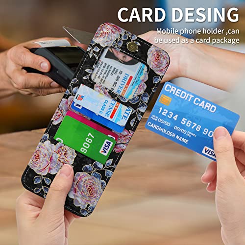 Ximand For Samsung Galaxy Z Flip 4 5G Flower Credit Card Holder Wallet Case With Strap, Rose Pattern Crossbody Purse Floral Kickstand For Women, Cute And Charming.(Black) #TOP4