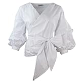 AOMEI Women Spring Summer Blouses with Puff Sleeve Sashes Shirts Tops