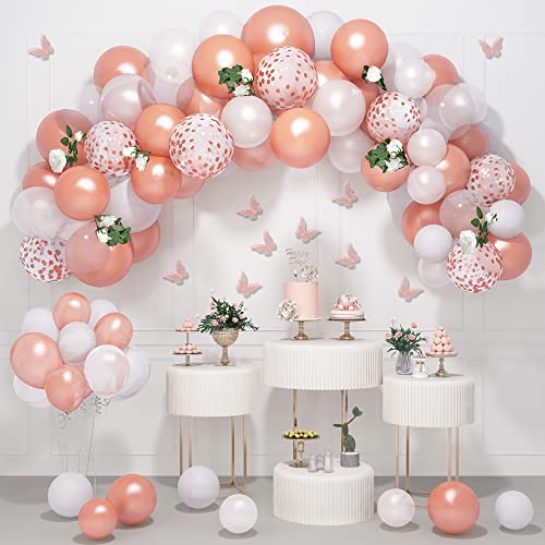 Guirnalda de Globos Oro Rosa Niñas, 121 Piezas Arco de Globos Oro Rosa, Globos Oro Rosa y Blanco con Mariposas para Compromiso, Aniversario, Boda, Baby Shower, Decoraciones de Fiesta de Cumpleaños Cover