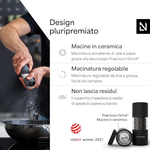 LARS NYSØM Set di macine per sale e pepe in acciaio inossidabile con macinino in ceramica regolabile 2 pezzi I Designer Spice Mill Set (Carbon Black) - immagine 3