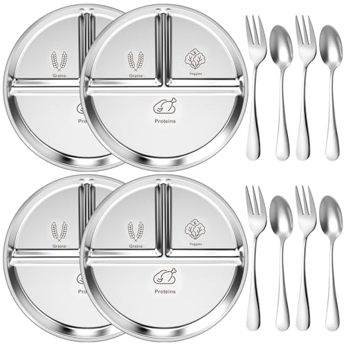 Jinei 4 Set 9 Inches Stainless Steel Bariatric Portion Control Plate and Silverware Set 3 Divided Sections Metal Bariatric Bowls Containers for Portion Control, Diet and Weight Loss, Fitness