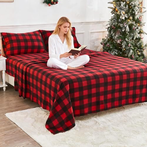 Image of Viviland Plush Micro Fleece Buffalo Plaid Red and Black Holiday King Bed Sheet Set - Soft Polar Fleece Velvet Sheets - Extra Warm Winter Flannel Bed Sheets with Deep Pocket - Christmas Sheet