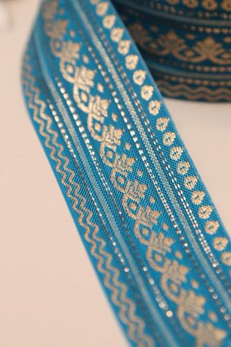 Image of Banarasi Silk Border Lace for Saree, Dupatta, Lehenga, Suit, Blouse & Home Furnishing, Crafting DIY (Ocean Gold, 9 Meters x 2 Inch)