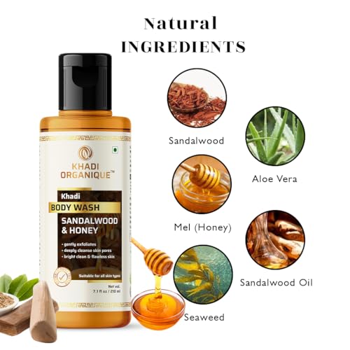 Image of Khadi Organique Sandalwood & Honey Body Wash | Removes Tan, Reduces Oiliness & Brightens Skin | Deep Cleansing & Refreshing for All Ages | Natural Ayurvedic Shower Gel - 210ml