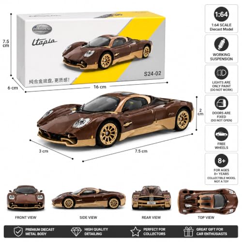 Image of Pagani Utopia Die-Cast Model Car | 1:64 Scale Brown Champagne Luxury Hypercar | Collectible Metal Miniature Toy Vehicle for Kids & Adults