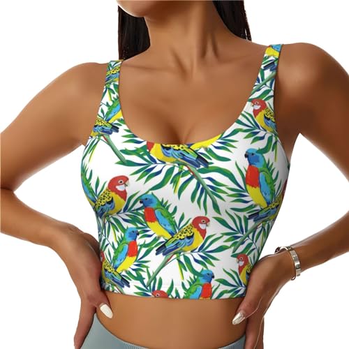Sujetador deportivo para mujer con diseño de hojas de palmera y loro, para entrenamiento atlético, Negro , S