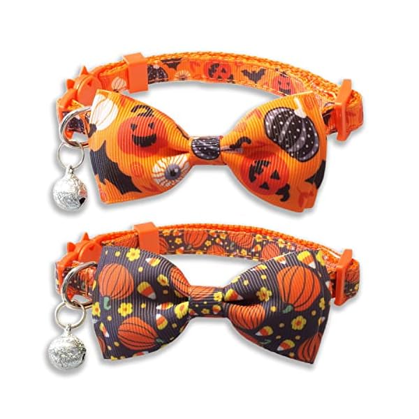 2 pack halloween cat collar with bow tie and bell, holiday pumpkin candy corn collar for kitty kitten girls and boys cats