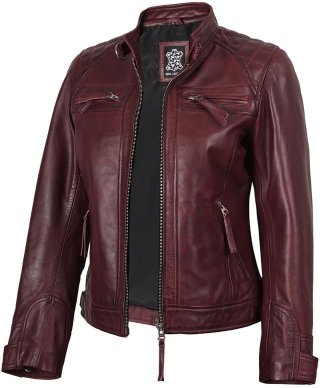 Blingsoul Leather Jacket Women - Quilted Cafe Racer Style Womens Leather Jackets