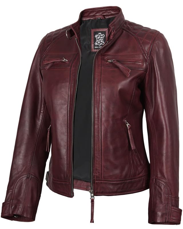 Blingsoul Women's Leather Jacket - Quilted Real Lambskin Cafe Racer Biker Style Jacket for Women