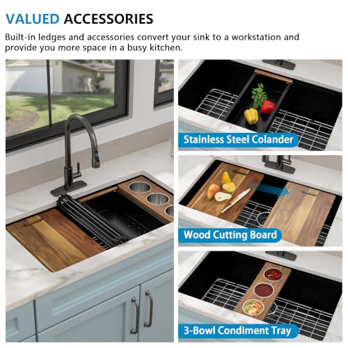 Image of 30 inch x 19 inch Undermount Matte Black Workstation Kitchen Sink | 16 Gauge T304 Stainless Steel Single Bowl Sink with Nano-PVD Finish, Integrated Ledge, R10 Rounded Corners, Under Counter