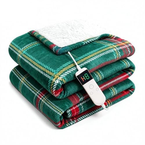 Image of Electric Blanket Heated Twin, Soft Flannel 62 inchx84 inch Plaid Heating Blanket with 8 Hours Auto Off 10 Fast Heating Levels Machine Washable Sherpa Heated Blanket with Overheating Protection