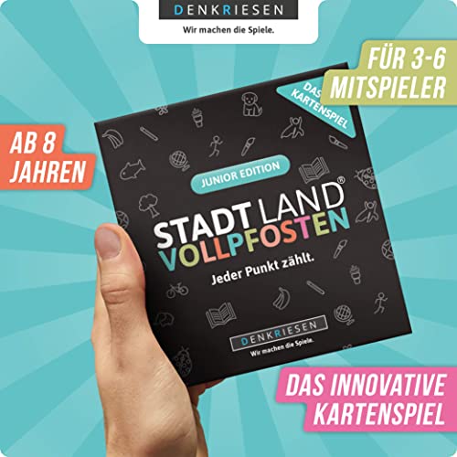 Stadt Land Vollpfosten® – Kartenspiel Junior Edition | ab 8 Jahren 3-6 Spieler 200 Kategorien | Gesellschaftsspiel für Familien | Stadt Land Fluss für Kinder | Reisespiel Mitbringspiel von DENKRIESEN