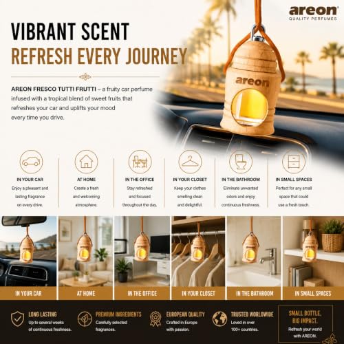 Image of AREON Fresco Premium Hanging Car Air Freshener, Tutti Frutti, Pack of 1 | Premium Wooden Hanging Car Air Freshener with an Elegant, Compact Design. Suitable for Use in Cars, SUVs, Vans, and Trucks.
