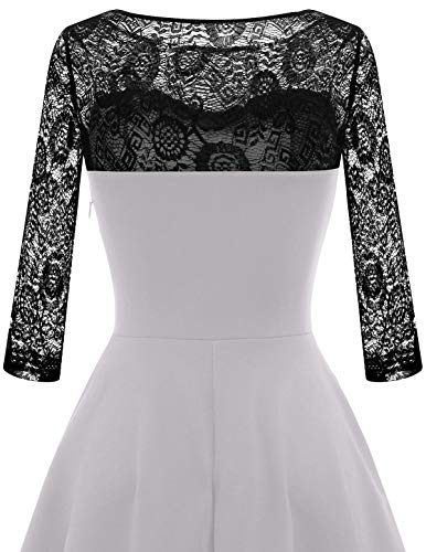 50s Vintage Dresses for Women Cocktail Rockabilly Lace Scoop Long Sleeves Party Prom Dress Grey S-1