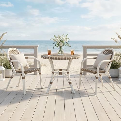 Image of PURPLE LEAF Rattan French Bistro Armchairs Set of 2, White Finish, Brown