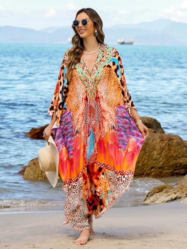 Image of IMAGEKOPE Women's Plus Size Animal Print V-Neck Batwing Kaftan Beach Dress Bathing Suit Cover-Up Loungewear