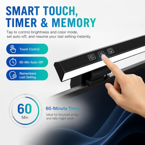 Image of 19.69-Inch Monitor Screen Light Bar with Smart Touch Sensor| USB Powered 5W LED E-Reading Lamp| 3 Color Temperature Modes, Stepless Dimming,60-Min Timer