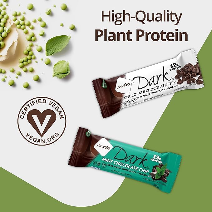 Variety Pack Protein Dark Bars "Made for Nugo Nutrition " 12 Count – Flavors: Chocolate Chip, Pretzel, Mint, , Mocha, Peanut Butter, Coconut, ,or Almond – Kosher Pareve, Dairy-Free, Vegan, Gluten-Free, "The Kitchen Queen" Packaging